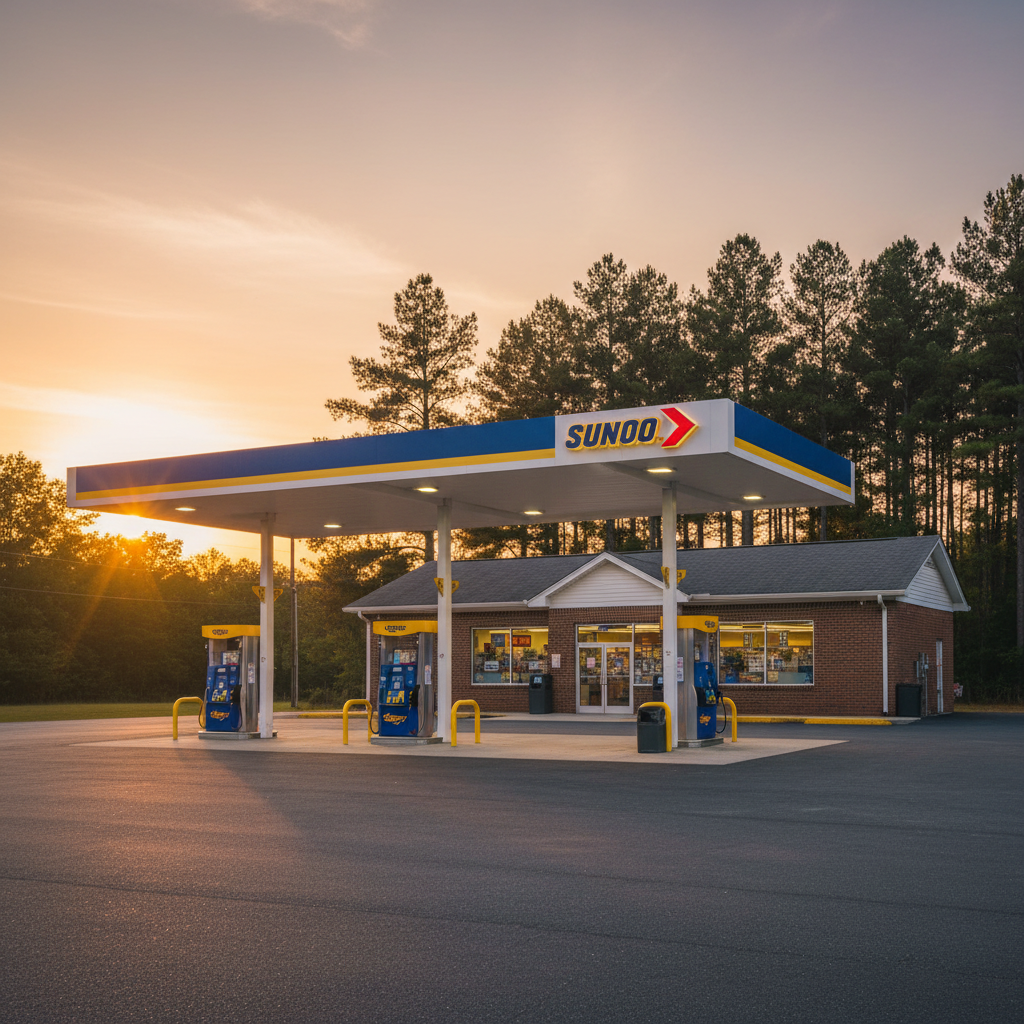 Illustrated Bishopville Sunoco gas station at sunset, with the Sunoco canopy glowing and warm light spilling from the convenience store windows