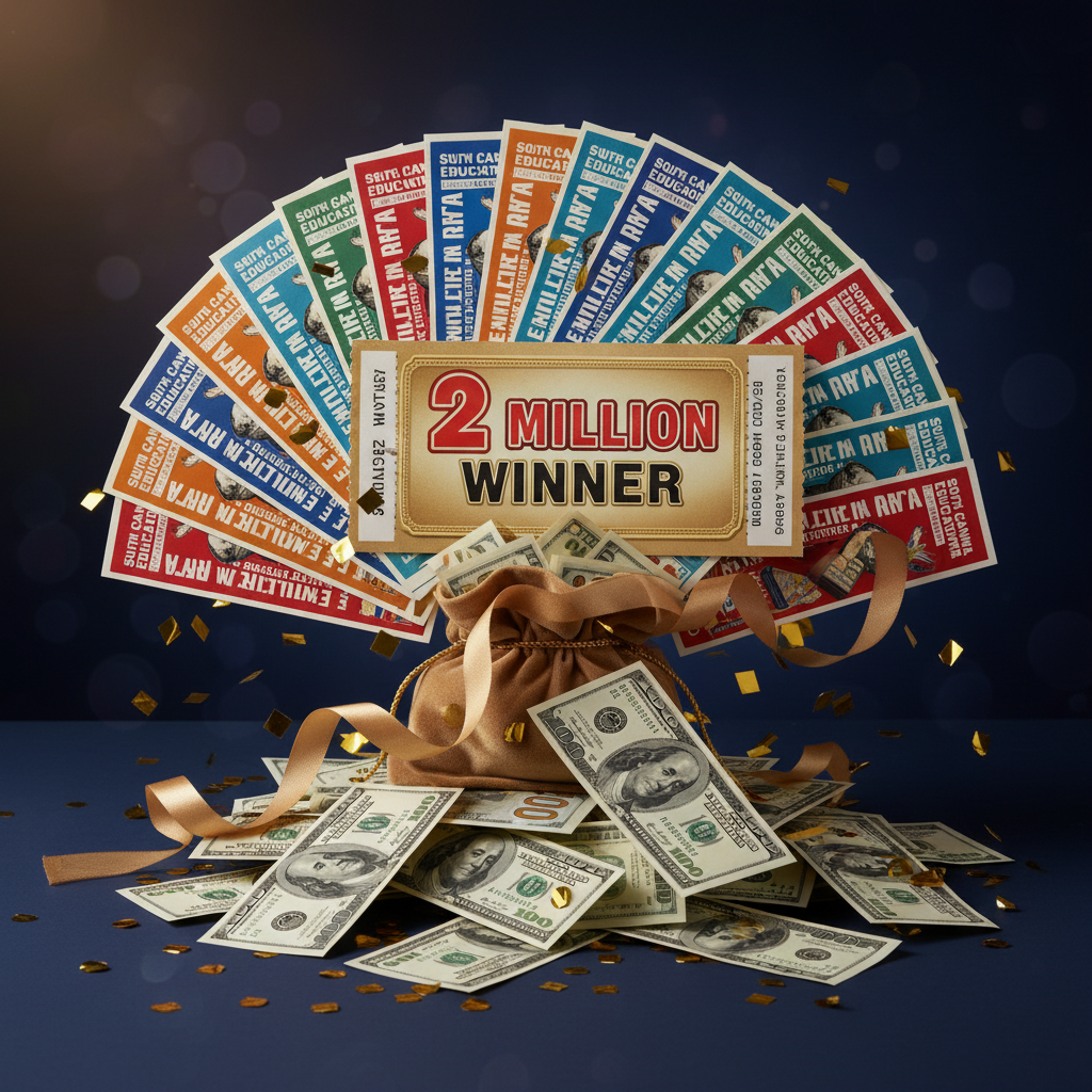 Illustration of the winning $2 million South Carolina scratch-off lottery ticket with cash and confetti