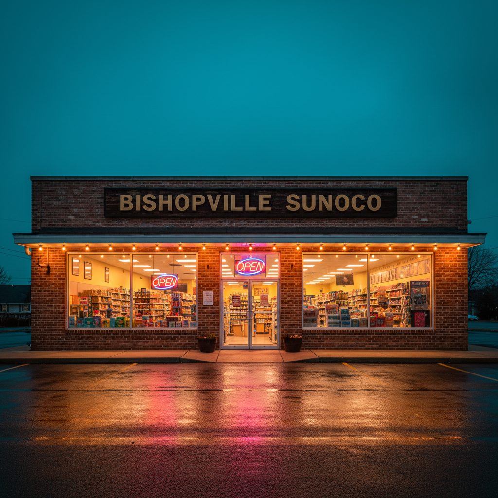 Illustrated Bishopville Sunoco storefront glowing at night with a neon OPEN sign and Edison bulb string
